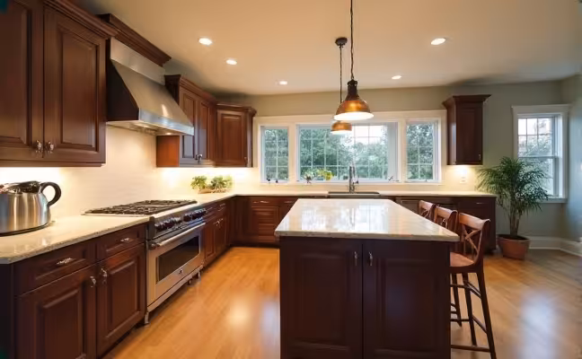 A well-lit, contemporary kitchen with under-cabinet lights illuminating the countertops, pendant lights hanging over a kitchen island, and recessed lights embedded in the ceiling. The room should appear bright and shadow-free, indicating the effectiveness of the task lighting