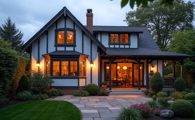 An exterior view of an old, charming house being restored with focus on energy efficiency: workers replacing old windows with new, double-glazed ones, and installing insulation in the attic. The garden is well-maintained with a newly built patio and modern outdoor lighting fixtures that complement the house's architectural style