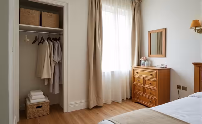 A clean, well-lit guest room featuring a small wooden dresser filled with neatly folded towels, a mirror on top, and a closet with hangers. The room should also display storage bins or wall hooks and a designated luggage area, showcasing the ample storage space provided