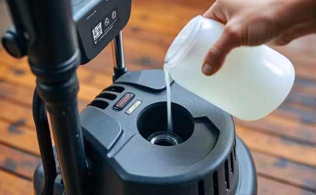 A close-up view of a pressure washing machine with a focus on its compartment for detergents, showing a hand pouring a clear cleaning solution into it, with a dirty wooden deck in the background waiting to be cleaned