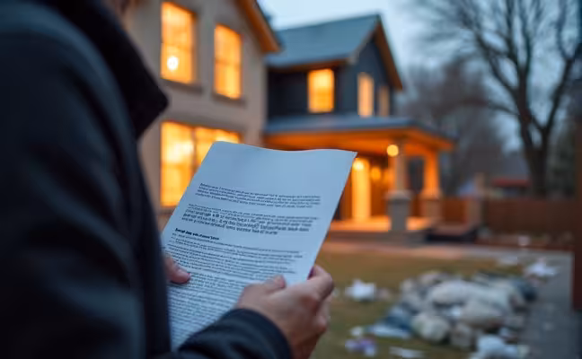 A dramatic visualization of a Toronto homeowner receiving a notice of hefty fines and legal troubles from a city official due to unpermitted renovations, with an unfinished, non-compliant renovation visible in the background