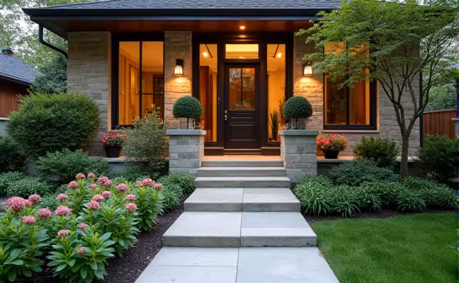 A view of a Toronto home's front yard, beautifully landscaped with a clear pathway leading to the front door. Various flowering plants and shrubs are neatly arranged, and soft outdoor lighting enhances the home's curb appeal. Visible through the window is a large mirror reflecting the light and making the interior space appear more expansive and luxurious