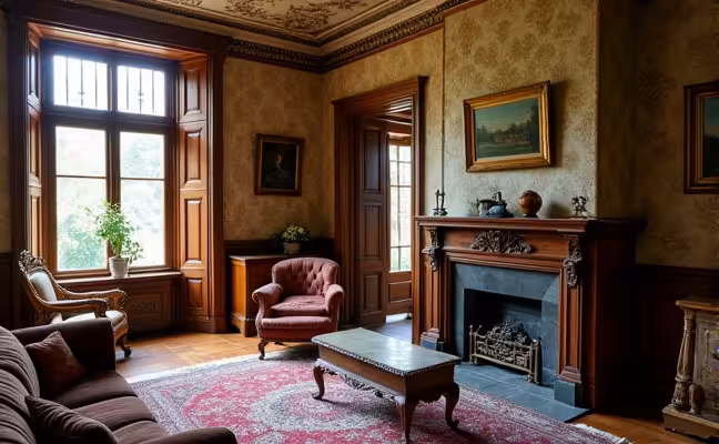 A well-preserved interior of a historic house, featuring original elements such as antique furniture, vintage wallpaper, and intricate woodwork. The decor and architecture should be carefully maintained, highlighting the value of preserving original elements in historic home restoration