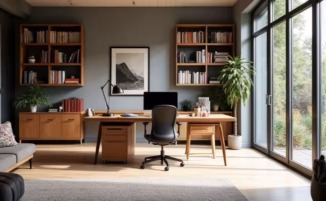 A spacious, well-organized home office with a contemporary desk, ergonomic chair, bookshelves filled with books, a large window for natural light, and noise-cancelling panels, symbolizing the shift towards remote work and the need for a productive work environment at home