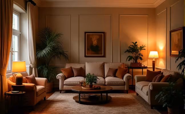 A well-lit, luxurious living room with strategically placed lights creating an ambient atmosphere. The room features repurposed antique furniture, high-quality door handles, and energy-efficient upgrades like a smart thermostat on the wall. In the background, professionally installed fixtures hint at the importance of hiring professionals for specialized tasks