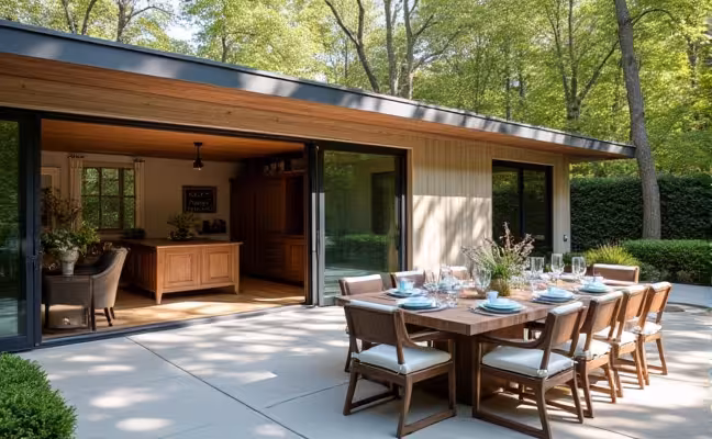An outdoor patio elegantly set up as a dining area, with an adjacent outdoor shed converted into a home office, highlighting the idea of integrating outdoor spaces for multi-functionality
