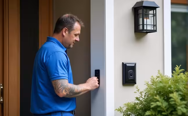 An exterior view of a renovated Toronto home featuring advanced security systems. The house includes a smart lock on the front door, surveillance cameras on the corners, and a modern alarm system visible from the outside. The scene should also illustrate a professional technician installing the security system, emphasizing the importance of hiring professionals for such tasks