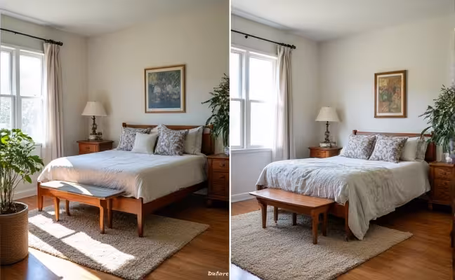 A before-and-after comparison image of a room, first furnished with typical mass-produced furniture, then with unique, custom-built pieces, highlighting the aesthetic upgrade, the superior quality, and the perfect fit of the custom furniture, with subtle signs of sustainable materials used in their construction