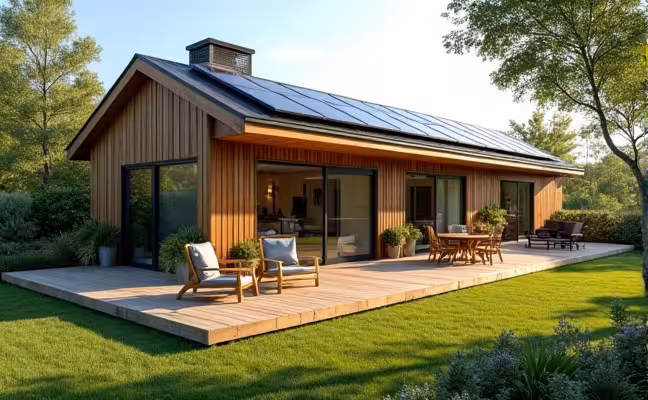 An eco-friendly home exterior designed with sustainable materials, featuring solar panels on the roof, a modular deck or patio in the yard, easy-care landscaping, and adaptable outdoor furniture, surrounded by nature
