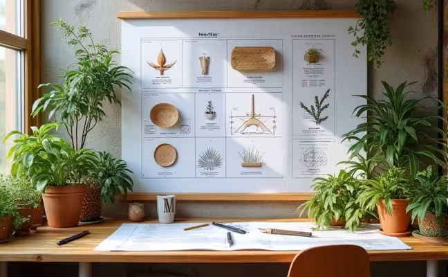 A professional designer's workspace filled with blueprints and mood boards showcasing elements of biophilic design like natural materials, plants, and light optimization techniques, along with advanced tools for maintaining indoor plants and managing natural light