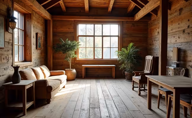 A rustic interior of a building showcasing reclaimed wood used in flooring, furniture, and structural components. The wood bears marks of its past use, adding a unique charm to the space. In the background, a large window allows natural sunlight to illuminate the room