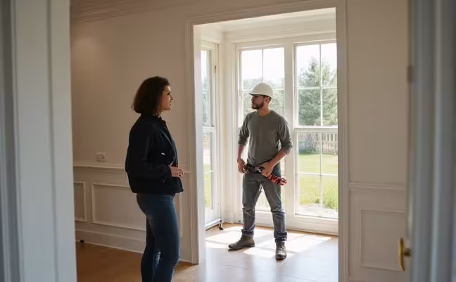 A potential client visiting a beautifully finished home project, closely inspecting the quality of work, attention to detail, and finish. In the background, the contractor respectfully maintains the property, cleaning up construction materials and tools after the work