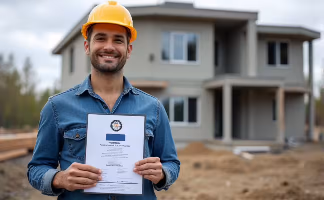 A contractor in Toronto showing his CCM certification, with a construction site in the background featuring a project being completed on time and within budget, demonstrating the importance of certifications in ensuring quality work