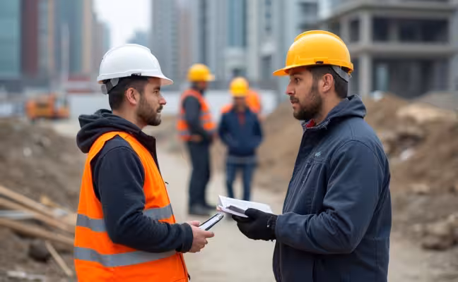 An image depicting a construction site in Toronto with a project in progress. A contractor is providing updates to the client who is nodding in understanding. The background shows workers actively engaged in their tasks, symbolizing respect for time, flexibility, and regular progress updates