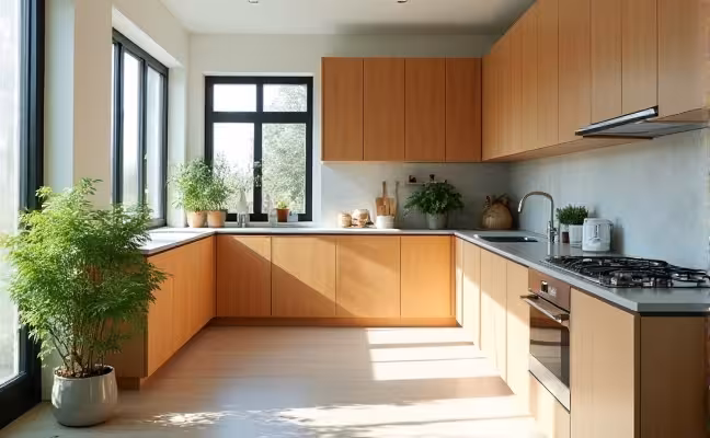 A sustainable Scandinavian kitchen, featuring energy-efficient appliances and eco-friendly materials. The room has a harmonious blend of wooden cabinets and stone countertops, with a light color scheme to maximize the natural light coming through a floor-to-ceiling window. A single, vibrant green plant adds a touch of color and life to the room
