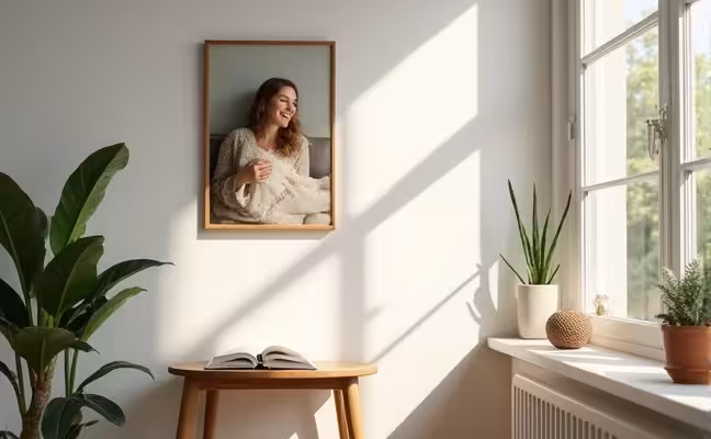 A personalized Zen space featuring a cherished photograph on a plain white wall, a book on a small wooden table, and a few succulents adding a touch of green. The lighting is natural and soft, coming from a window with a view of a serene garden. The space radiates calmness with its earthy tones and minimalist aesthetic