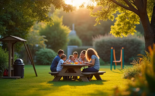 Outdoor family space with sustainable practices: Depict a lush, green backyard space with a wooden picnic table, a BBQ grill, a small compost bin, and a playful swing-set. The yard should be filled with energy-efficient LED string lights. The family should be seen enjoying a meal together at the picnic table, emphasizing a sense of family relaxation and environmental responsibility