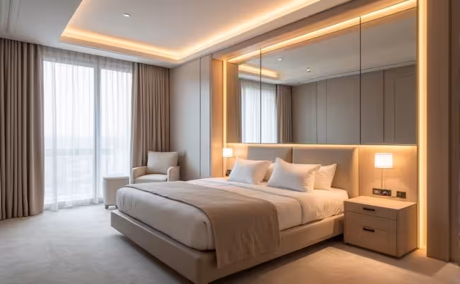A serene bedroom with minimalist design, light, neutral colors and a large mirror reflecting the room to create the illusion of more space. The bed features built-in storage underneath and the room is lit with a combination of ambient, task, and accent lighting, creating a warm, welcoming atmosphere