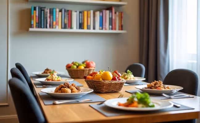 A neatly set dining table with several delicious dishes and snacks, a basket full of assorted fruits, and a corner shelf stocked with books, board games, and a selection of popular magazines for guest entertainment