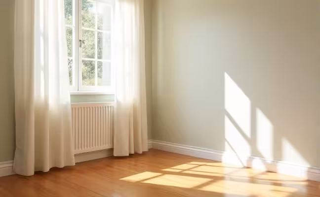 An image of a bright, airy room with sunlight streaming through clean, light-colored window treatments, a freshly polished hardwood floor, and a wall with pristine baseboards, showcasing the cleaning and refreshing of various elements of the home