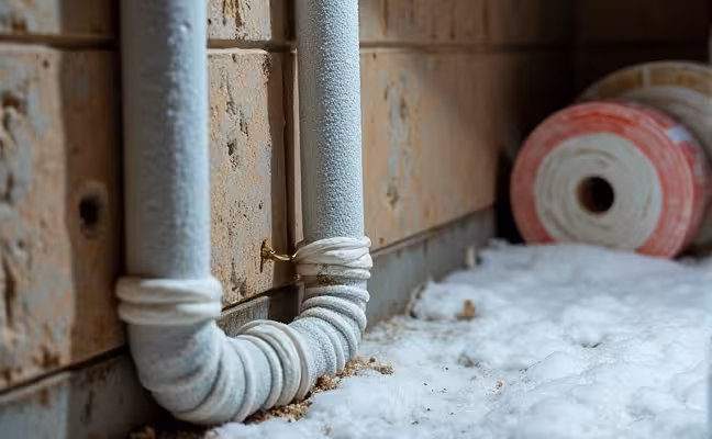 A basement scene featuring exposed water pipes wrapped in foam insulation, with a roll of insulation and heating tape nearby, the walls and surroundings depicting a chilly winter atmosphere
