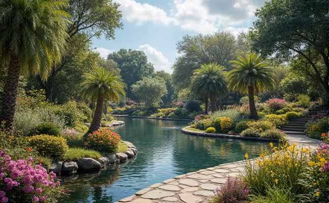 An enchanting garden oasis filled with a vibrant mix of flowering plants, shrubs, and trees, a tranquil pond reflecting the sky, a stone garden path meandering through, and a few birds fluttering around