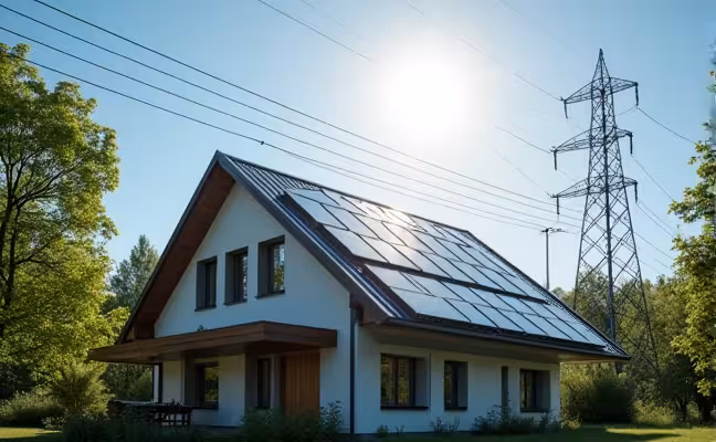 A modern house with sleek solar panels installed on the roof under a bright sun. The home is surrounded by green trees, showcasing the balance between technology and nature. In the background, a power line connects the house to a power pole, symbolising the concept of feeding excess electricity back to the grid