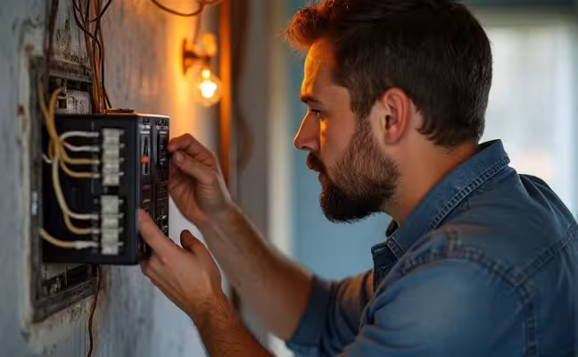 A detailed view of a home inspector in the process of examining a home's electrical system, focusing on the wiring, outlets, and circuit breakers, with hints of discolored outlets and a faint smell of burning indicating a potential electrical fire