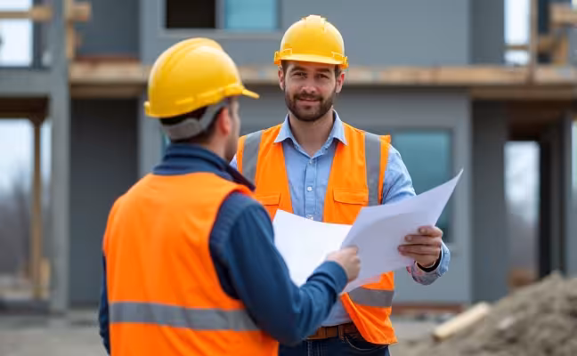 A vibrant image of a professional project manager on a construction site in Toronto, wearing a hard hat, holding blueprints and communicating with a contractor, demonstrating the idea of hiring a professional to handle potential renovation delays