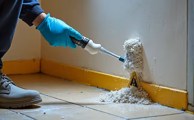 An image showcasing the process of asbestos encapsulation. This should display a professional, again in protective gear, applying a sealant to an asbestos-containing material. The material should be clearly labeled to indicate its hazardous nature, and the sealant application should be visible as a barrier layer. The image should convey a sense of safety and control over a potentially dangerous situation