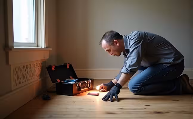 A comprehensive home inspection taking place in a Toronto house set for renovation. An inspector is examining critical areas like the foundation, electrical system, and plumbing. The image shows the inspector on his knees, checking the foundation while holding a flashlight, with an open toolbox next to him