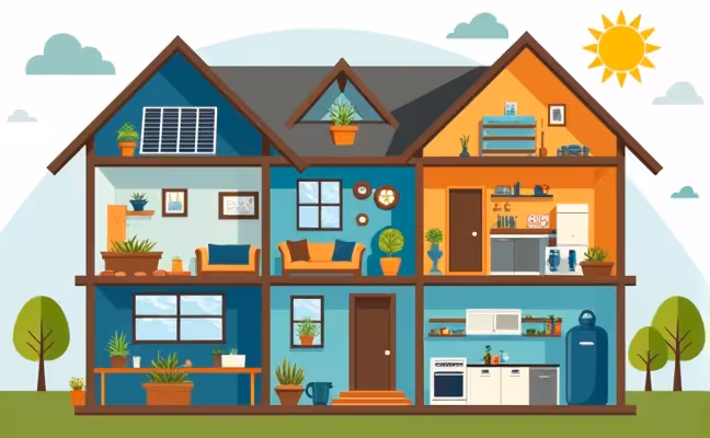 A collage of different elements involved in a sustainable home remodel, including a solar panel installation, energy-efficient appliances, recycled material countertops, and a rainwater harvesting system, reflecting the growing trend of eco-friendly upgrades