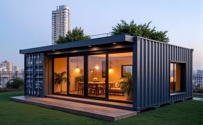A modern home crafted from a repurposed shipping container, set against a cityscape backdrop. The house maintains an industrial aesthetic with its steel exterior, but features large windows for natural light, an open floor plan visible through a glass front door, and a rooftop garden for a touch of greenery