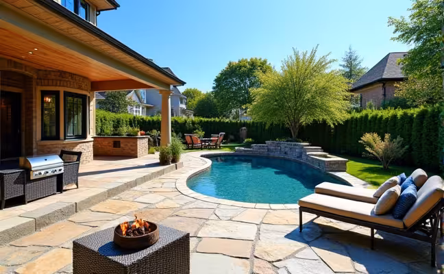 A lush outdoor living space in a Toronto backyard, featuring a stone patio with comfortable outdoor furniture, an outdoor kitchen with a built-in grill and a mini-fridge, a swimming pool surrounded by tropical plants, and a fire pit area with lounge chairs. The setting should be under a clear blue sky, evoking a perfect space for entertaining