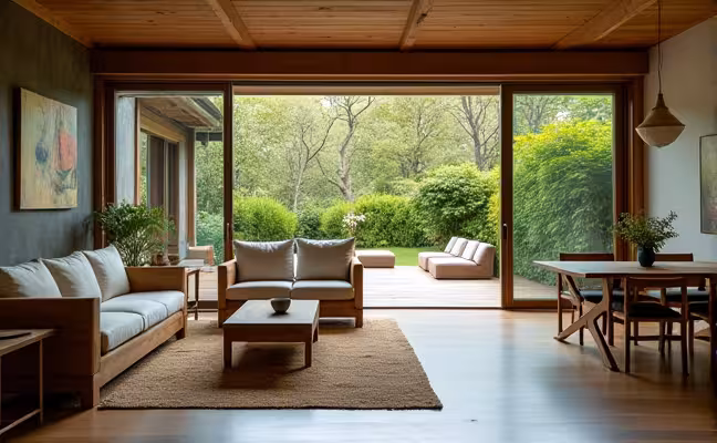A versatile open floor plan space with a mix of contemporary and rustic elements. The furniture is arranged in a way that the space serves multiple purposes - a living area, a workspace, and a dining area. The room also features large sliding glass doors that lead to a green and peaceful outdoor garden, emphasizing the connection with nature