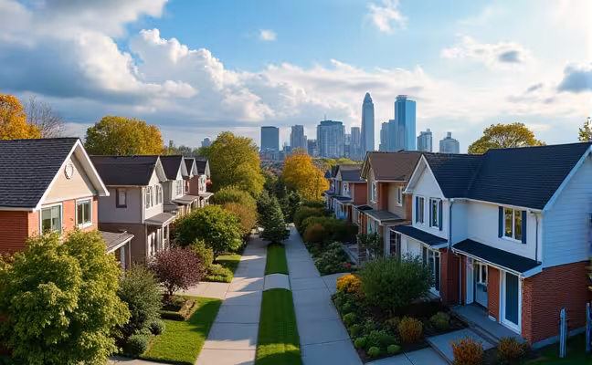 A panoramic view of a desirable Toronto neighborhood with a mix of renovated and non-renovated homes. The renovated homes should stand out with their modern designs, fresh paint, and attractive landscaping, demonstrating the potential of investing in renovations in a good location