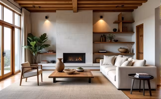 An image depicting a home interior that successfully mixes different styles, such as modern and rustic. The room should contain clean, crisp lines and simple color palettes typical of modern style, but also incorporate natural elements like wood and stone, characteristic of rustic style. The result should be an inviting 'modern rustic' look