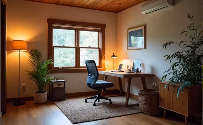 A well-insulated cozy home office with good lighting, ergonomic furniture, and noise insulation, featuring a smart thermostat on the wall adjusting the temperature remotely