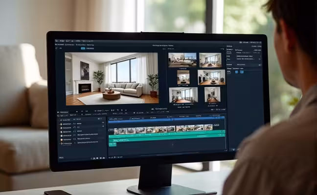 A close-up of a person editing the virtual tour on a computer. The screen shows the video footage of the tour with different frames, ready for cutting and transitioning. Additional elements like music, text overlays, and graphics are visible in the editing interface. The room in the footage is the same well-lit, renovated living room from the first image, tying the images together