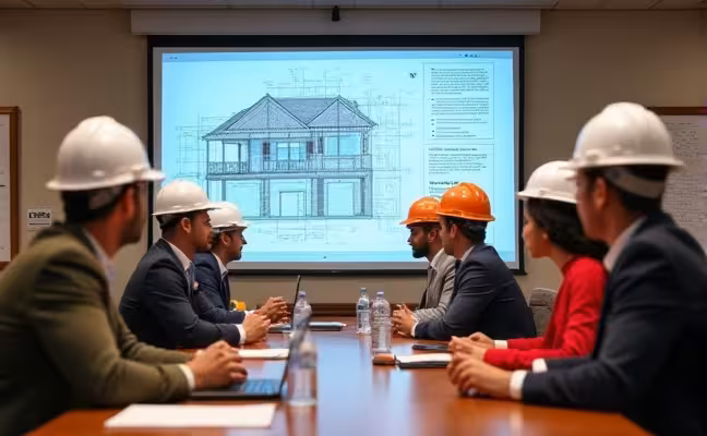 A classroom setting with diverse builders attentively participating in a training session on local building codes, with a large screen displaying a detailed building plan and related codes