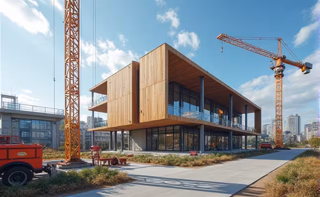 A construction site in Toronto, where prefabricated components created by a 3D printer are being assembled on-site, showcasing the combination of AI and 3D printing technology in streamlining construction processes and promoting sustainable construction