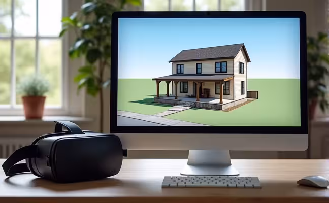 A 3D rendering on a computer screen showing a home renovation design, with a pair of virtual reality goggles resting next to the computer. This image should illustrate SimpleHome's use of cutting-edge technology in their renovation process, allowing clients to visualize the end result before the work starts