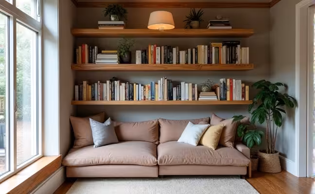 A cozy reading nook featuring a DIY bookshelf, with a mix of floating and classic wood design elements, filled with a variety of books of different sizes, with a focus on the careful measurement and fitting of the bookshelf into the space