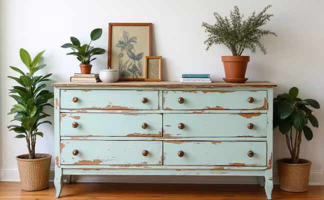 The final result of upcycled furniture, a previously old and battered wooden dresser, now painted in a fresh pastel color with new brass hardware, styled with potted plants and vintage decor, showcasing a perfect blend of sustainability and cost-effective decorating