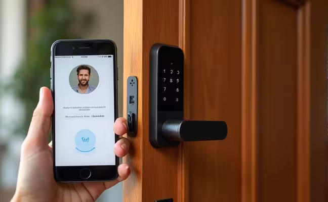 A smart door lock on a stylish wooden front door. The smart lock's interface is visible on a smartphone screen held by a hand, showing the door's lock status and a notification of a guest's temporary access code