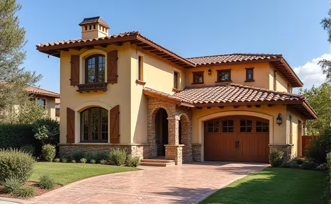 A picturesque Spanish or Mediterranean style house adorned with Clay and Concrete Tiles, with a few synthetic tiles mixed in, that are indistinguishable from the real ones, to show the effectiveness of the lighter alternative