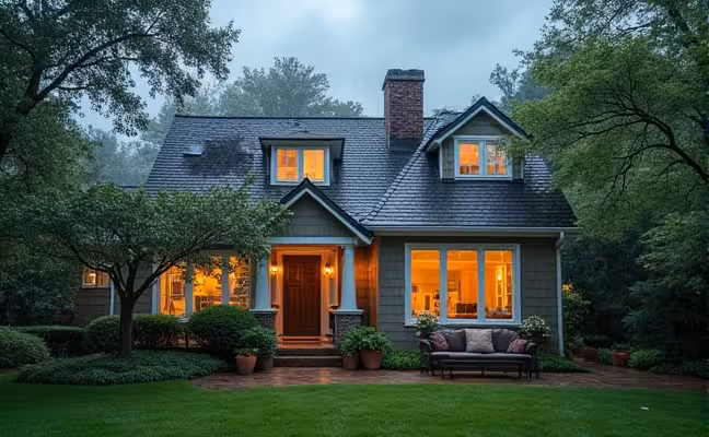 An image of a home during a storm, with the focus on sealed doors and windows keeping out rain and wind, outdoor items like garden furniture and potted plants securely tied down, a clean gutter system efficiently draining heavy rainfall, and trimmed trees around the house posing no threat of damage