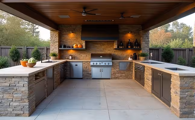 An outdoor kitchen scene with weather-resistant materials such as stone and concrete, featuring a roof or pergola for shade, a fire pit or heater for colder months, and personalized decorations like plants and artwork, all surrounded by high-quality outdoor furniture and ample storage spaces like cabinets and shelves
