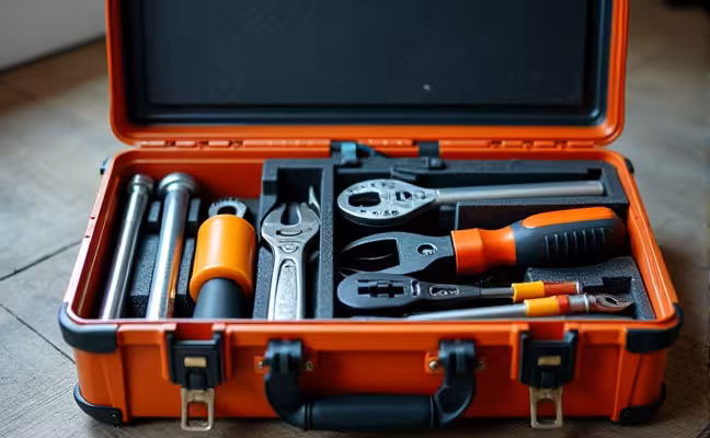 An open, durable toolbox revealing compartments filled with different types of tools. The toolbox should have a sturdy handle for easy transport. Inside, there should be separate compartments containing the tools mentioned in the blog, organized for easy access. The image should convey the idea of efficient organization and quick accessibility of essential tools for homeowners