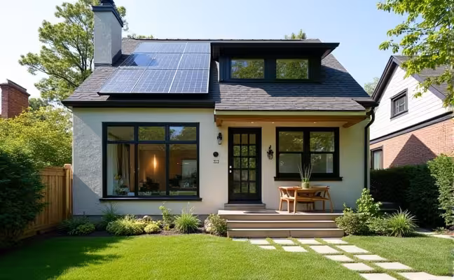 An image showcasing a freshly renovated Toronto home with clear green features like solar panels on the roof, a rainwater harvesting system, and energy-efficient windows, demonstrating adherence to Toronto's Green Standards for renovations